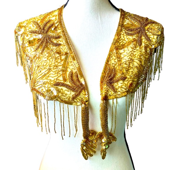 Vintage Heavily Beaded Sequined Lace Gold Tone Frilly Shrug Wrap - Picture 3 of 15